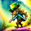 Placeholder: watercolor style, Leprechaun walking on a rainbow, style of Jean-Baptiste Monge fantasy high detail crisp quality