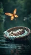 Placeholder: A baby sleeping in side a basket bed that is floating in the river and an beautiful fairy with beautiful sparkling wings flying over him, 4K, a dramatic , cinematic, great lighting