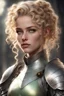 Placeholder: beautiful young lady with pale green eyes, her curly blonde hair is tied into a bun, her skin is luminous and her features delicate, she is wearing knight's armor, her expression is resolute