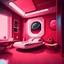 Placeholder: Cartoon futuristic dark red, red, pink, and white space bedroom with a table in the corner with a hover chair and a bed against the wall, interior