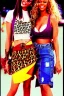 Placeholder: year 1996 denim fashion. Loose skirt, low waist. Colors: denim blue, blue, purple, cream, khaki, light green, lilac, plum, orange, terracotta, red, light yellow, lion yellow, pink, dark blue, beige. leopard, Cheetah . Kylie Minogue, Tyra Banks,