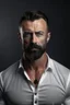 Placeholder: Ultra realistic photograph of muscular male in white button up shirt, dark hair cut short and neatly trimmed beard