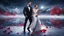 Placeholder: Hyper Realistic handsome muscular man in Black-Tuxedo & beautiful Girl in White-Gown ice-skating on a frozen lake with dramatic environment & red-rose-petals at night