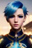 Placeholder: Cyborg anime warrior, light blue hair, short and messy hairstyle, pierced ears, golden eye color, clear complexion waist up portrait, 8k resolution, intricate details, ornate details, soft lighting, vibrant colors, retroanime, masterpiece, intricate eyeliner, dark eyeshadow, eyes, intricate tattoos, futuristic cityscape background