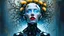 Placeholder: old worn paper, Ethereal bald white woman with thorns, thistles and plant roots on her head, cyberpunk biomechanics digital painting depicting a glowing woman with robotic features, combining human and artificial elements in a gripping sci-fi scene with intricate details and a cinematic atmosphere. Red lips, gold fragments, silver particles, wind, swirls, glare, glow from within, 8K, fine rendering, high detail, hyperrealism, high resolution, multi-layered, hyperdetail, hyperfocus,
