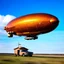 Placeholder: award winning photograph of a steampunk house-fly ufo dirigible designed by only one vehicle per image painted metallic orange traveling at a high rate of speed, jet intake off of front center of vehicle and jet exhaust out the rear bilaterally symetrical,