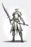 Placeholder: full length, friendly, tall 22-year old, shaved head, grey-eyed female cleric wearing scale mail with a sickle