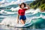 Placeholder: beautiful girl supper model, in nice red top ,blue short pants, with curvy hair,perfect face,perfect eyes,Surfing in huge wave,water with splash,country side wavy narrow river ,wild flowers ,blue sky nice clouds