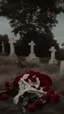 Placeholder: A grave in a field full of r ed roses. Above the grave is a white lace scarf and a gun.cinematic