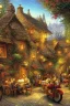 Placeholder: Small Medieval tavern for bikers in a forest, motorcycles parked infront highly detailed digital painting oil on canvas cinematic lighting sensuality beautiful wallpaper fantastic view crisp quality Jacek Yerka Thomas Kinkade Carl Barks