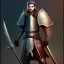 Placeholder: a brave adventurer, dressed in worn leather armor and carrying a trusty sword at his side, fantasy anime style