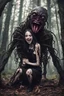 Placeholder: Rare parasite creature holding a goth girl in the forest, smiling meanwhile many worms streaming from his mouth, face distorted with pain, screaming, tears streaming, siting pose, fullbody, macro photography,