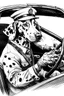 Placeholder: Ink sketch of a dalmatian dressed as a black cab driver with one hand in the driving wheel