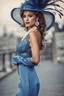 Placeholder: full body beautiful girl, elegant blue lace clothes of the 80s, luxury style, small elegant hat with feather, hair of the 80s, pearl necklace, earrings masterful, beautiful face