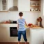 Placeholder: Realistic photo Russian shorthair beautiful tomboy boyish boylike young mother wide hips in kitchen