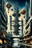 Placeholder: a stunningly weird image of a futuristic twin metropolis using Salvador Dali's paranoiac-critical method, where buildings and structures appear to melt into the skyline cityscape is filled with floating mad, twisted sharp metal shapes that interact with the buildings and each other, forming a surreal tableau of a dreamlike reality. neu-steampunk vibe, essence of the scene in a cinematic manner, with dramatic shadows that enhance the distorted perspectives and bizarre, futuristic surreal vibe