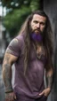 Placeholder: full figure photography of a hippy gipsy burly muscular chubby strong man 31 years old with long raided beard, shaved hair, tattoo, photorealistic ,dressed with a purple ripped t-shirt, side light, outdoor in a dirty street