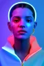 Placeholder: Ultra Realistic image, Rosalía artist, waist up portrait, black eye line, sweet angry face , gold, blue, pop style, pink spray line make up, geometric, neon, rings piercing, led ornament, bubble latex coat, cold, led lights, vibrant color, highly detailed, art stations, concept art, smooth, unreal engine 5, god rays, ray tracing, RTX, lumen lighting, ultra detail, volumetric lighting, 3d, finely drawn, high definition, high resolution.