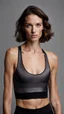 Placeholder: photography of a beautiful anorexic woman, anthracite satin triathlon top, sports illustrated, brunette short wavy bob haircut, pronounced sternum, flat chest, anthracite short leggins
