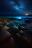 Placeholder: Night, endless starry sky, milky way, sea, beach, sand, stones in the water, moonlight with blue, luminous water, bioluminescence of water, delight, unusual angle, interesting angle, high detail, digital art, professional photo, 1/300s,1/250s,300mm,HDR, ISO300, luminous plankton, shining patches in the sea, side view