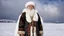 Placeholder: Bashkir national winter costume, an old man moroz, full body shot, many white fur