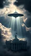 Placeholder: A ufo hovering above the White house hovering above swirling clouds, emerges from the heart of a raging storm. Turbulent winds of steam swirl around the iconic structure, lit by shafts of sunlight that cast dramatic shadows on the A large UFO spacecraft hovering over the pentagon building surrounding clouds. A storm rages and thunder lights up the dark sky,