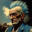 Placeholder: a detailed portrait of old man with a extravagant blue mohawk, the old man is always doing somehing different, Variations like fixing his truck, visiting his wife at the cemetary, going to punk rock shows, etc by edouard bisson, punk rock, oil painting, muted colors, soft lighting