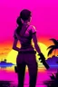 Placeholder: An illustration in the style of GTA 6 of a woman, dressed in a yellow bikini, seen from the back, handcuffed behind her back, holding a water pistol in her hand, looking at a purple magenta sunset, neon color grading, silhouette palmtrees on the side and the sea on the horizon.