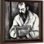 Placeholder: man behind microphone reading book by Cezanne