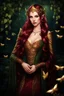 Placeholder: Elven ears,Burgundy hair, dark hair,dark red , rapunzel hair,very long hair,dark fairy princess,elven crown,night,dragonflies,beautiful,ong ashes,golden armor ,sparkle,night blooming,ivy,dark green,lilly of valley,golden elven crown,elven warrior,dark gold armor,extremely long hair