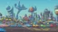 Placeholder: shot from ground level, busy alien town, with people, alien buildings, curved roads, vehicles, and spaceships