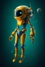 Placeholder: A hyper-realistic 3D Surreal digital painting, yellow droid mechanic, rich deep teal background, dreamlike imagery, fantastical elements, perfect body ,dymond , action poses