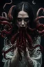 Placeholder: blood, goth woman, leaning pose, full body, squid, octopus creepy, horrifying, sinister, sparks out her mind, 8k, macro photography,