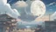 Placeholder: giant half transparent moon, glitchy, blurry, mechanical, sci-fi, maximum quality, centered on frame, far view, seasidel, white sky with cumulonimbus, anime, makoto shinkai style, japanese harbor, rusty, decrepit, foggy