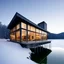 Placeholder: luxury home on a lake in the snowy mountains