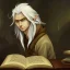 Placeholder: portrait of one single calm elf with white hair in beige coat reading a huge book, fantasy character art, concept art, somber, gloomy lighting, 3d concept art, stylized