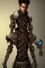 Placeholder: male quadriplegic ebony elf wearing a steampunk exoskeleton powered by gears, in fantasy style