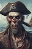 Placeholder: close up portrait of a zombi as a pirate, 2d drawing, background on a boat