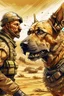 Placeholder: A soldier dog dressed in military combat uniform fighting another soldier dog in the hot desert landscape, digital illustration portrait, dog's face is snarling, aggressive, angry, Craig Miller , futuristic, pulp fiction graphic novel style, hyperrealism, photorealism