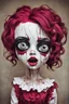 Placeholder: full color, illustration of a darkred, menacing, Singer Melanie Martinez face, as a decayed, broken, crude homemade cloth doll toy, with a narrow cracked porcelain face, thick dark eyebrows, hair in two gradually, made from ragged strips of cloth, in the style of Alex Pardee, Tim Burton, and Nadya Sheremet