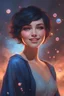 Placeholder: 3D Bubbles, Floating hearts with an electrical current, fog, clouds, somber, ghostly mountain peaks, a flowing river of volcanic Lava, fireflies, a close-up, facial portrait of a totally gorgeous woman with short, buzz-cut, pixie-cut Black hair tapered on the sides, wide open, cobalt blue eyes, smiling a big bright happy smile, wearing a hoodie over a red bikini, in the art style of Boris Vallejo