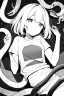 Placeholder: girl in T-shirt lying on the ground and covered with snakes, greyscale