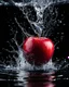 Placeholder: A piece of red apple, thrown into the water, when the piece of apple sinks into the water, splashes of syrup are visible (water splash effect), black background. slow motion effects, long exposure, realistic photo, 8K