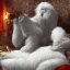 Placeholder: Legendary yeti with long white hair lying on the bed watching TV and eating popcorn, detailed painting elements, artwork, full HD painting, 8K