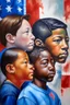 Placeholder: an expressive painting of 4 faces side view , a European , and African , and asian , and Hispanic, boys together in a painting, with American flag in the background, we might see a companion with features of absolute strength and determination, blended with warmth and deep faith. Perhaps his face expresses wisdom and courage, with eyes radiating confidence and faith.