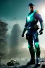 Placeholder: Futuristic soldier, physically fit, green hair, blue eyes, intricate eyeliner, vibrant eyeshadow, clear completion, soft lighting, 4k resolution, intricate details, insanely detailed, colorful cityscape background, masterpiece, expert, cinematic smooth, retroanime style, realistic details, no helmet