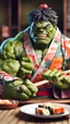Placeholder: a hulk eating sushi with chopsticks, wearing a colorful kimono, 8k