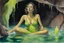 Placeholder: Close-up portrait of a contented woman in a bright neon green bathing suit sitting in the water of a cave bath, the walls and ceiling of the bath are dark brown clay-like, a few candles illuminate it suggestively, the woman is contentedly sipping champagne, lifelike watercolour, S<AI