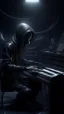 Placeholder: A synth player in a band are tied to their musical instruments ,surrealism of the dark of a nightmare ten miles high and six foot deep, hyper photorealistic, hyper detailed dark art color, high resolution, fog, octane render, tilt shift, HDRI Environment, all pictures dark gray