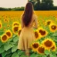 Placeholder: woman standing in sunflower field, back, windy, long brown hair, yellow dress